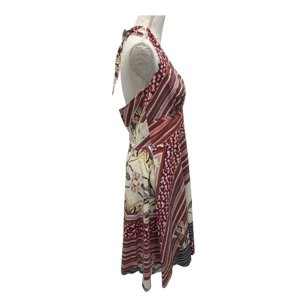 Alexia Admit Dress Women 12 Red Multi Halter Backless Striped Floral Lined Flare